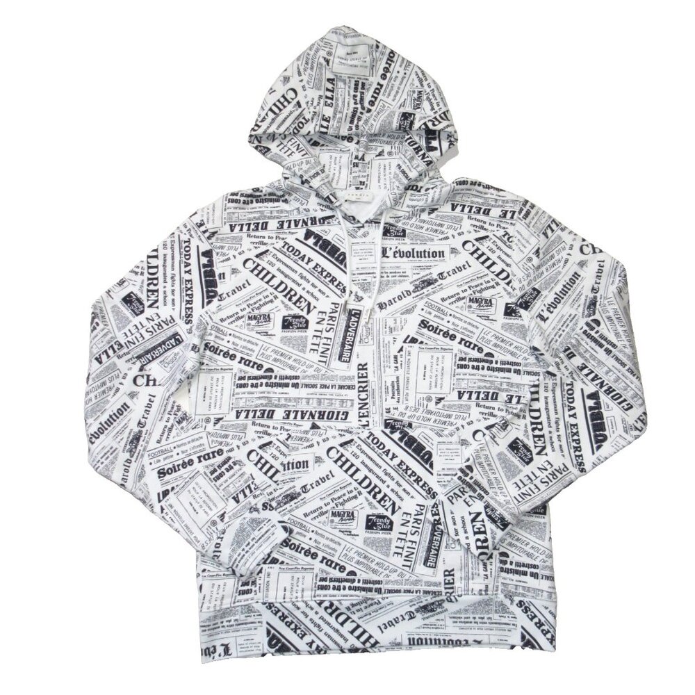 NWT Sandro Men's Newspaper Print Fleece Hoodie in White Black Sweatshirt M